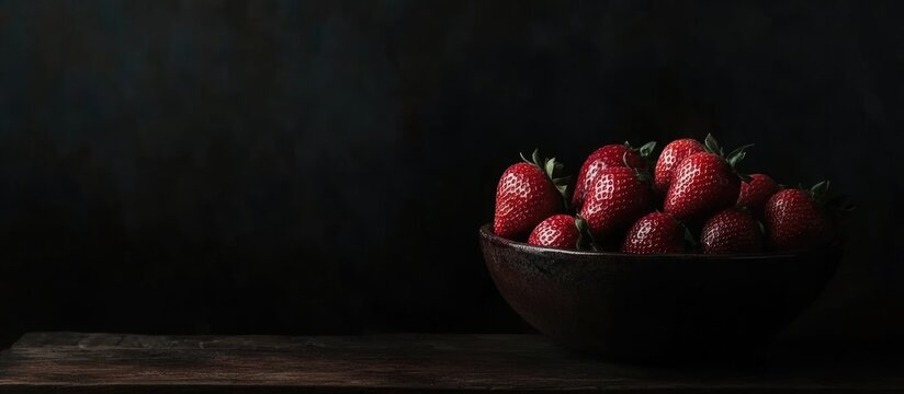 Ripe strawberries in a rustic ceramic bowl on a wooden table with dark tones and space for text or branding elements - Powered by Adobe