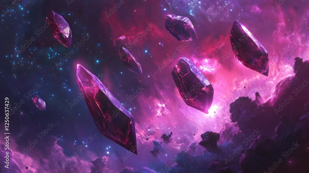 Poster radiant ruby crystals floating in a vibrant sci-fi purple cosmic background