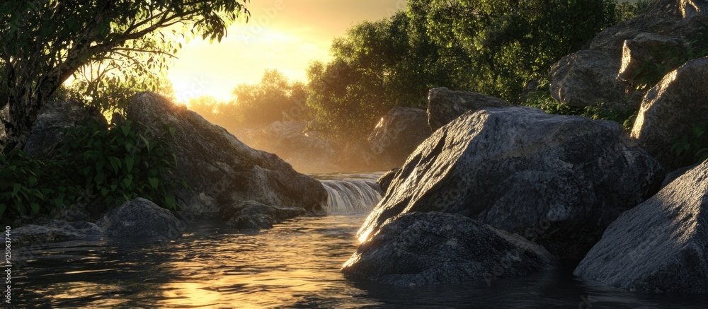 Poster serene sunset over a tranquil stream with rocks surrounded by lush greenery and soft warm lighting.
