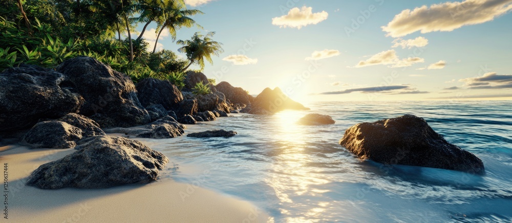 Poster serene coastal sunset with rocky shoreline and palm trees creating a tranquil beach landscape enhanc