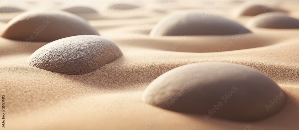Aufkleber Smooth pebbles resting on golden sand creating a serene natural texture background for design and creative projects.