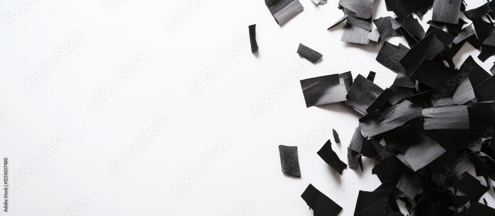 Poster black paper scraps scattered on a clean white wall creating a contrast of textures and colors ideal 