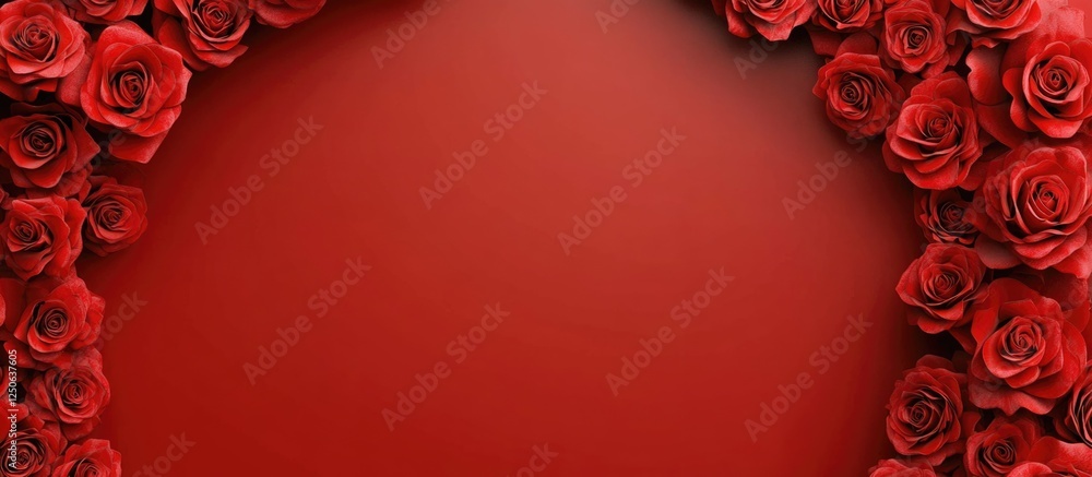 Poster Elegant red rose wreath with twisted blooms and blank area for personalized text or messages against a smooth red background.