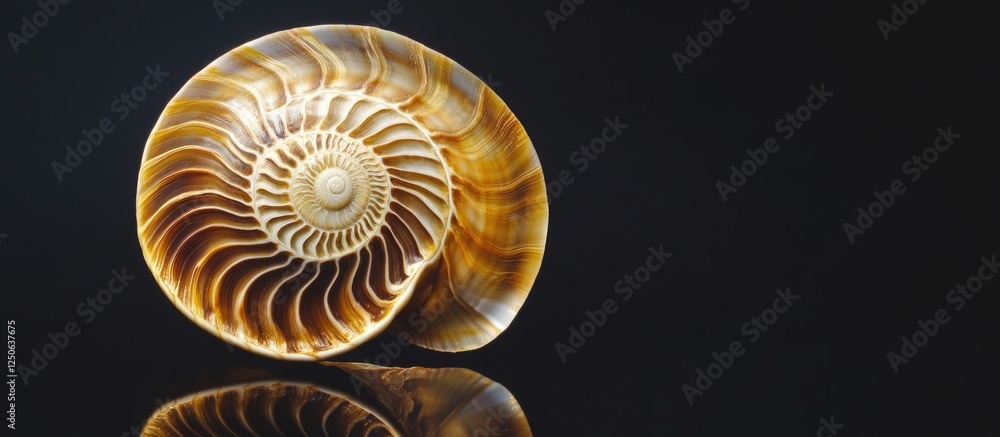 Aufkleber Nautilus shell showcasing intricate patterns and mirrored reflection against a sleek black backdrop for elegant decor or nature themes.