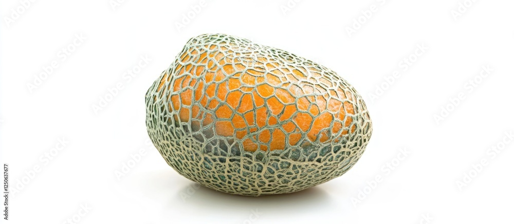 Poster Green and orange rock melon isolated on white background showcasing unique netted texture and colors. Perfect for food-related visuals.