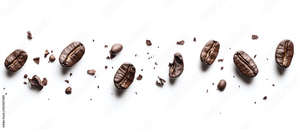Poster roasted coffee beans arranged artistically on a white background showcasing texture and color for cu