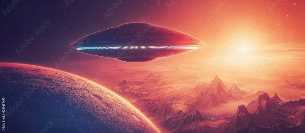 Poster Futuristic alien spacecraft hovering above a vibrant fantasy planet during a cosmic sunset with ample space for text or branding.