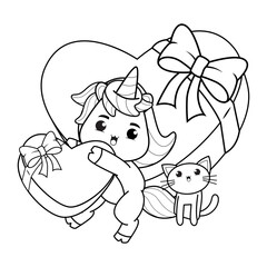 Valentine Day Coloring Page with cute unicorn