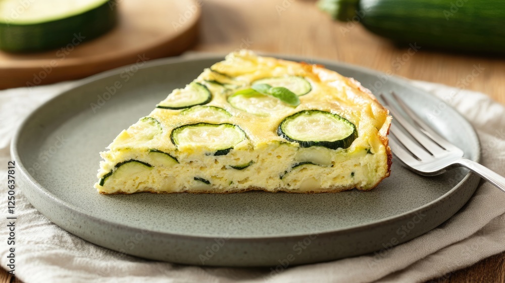 Poster sliced savory zucchini frittata on a gray plate with fork and linen napkin on rustic wooden table