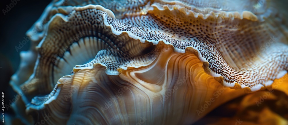 Poster Exquisite close-up of intricate sea shell textures showcasing natural patterns and vibrant colors. Perfect for marine life and nature themes.