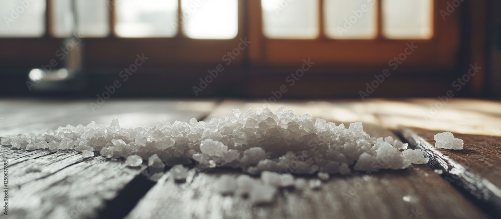 Poster natural sea salt scattered on rustic wooden floor with warm sunlight streaming through windows creat