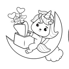 Valentine Day Coloring Page with cute unicorn