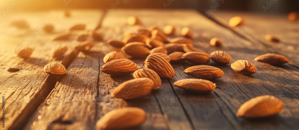 Aufkleber Roasted almond nuts scattered on rustic wooden table with warm sunlight creating an inviting atmosphere for culinary designs.