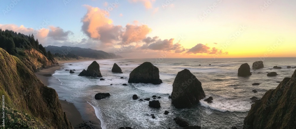 Poster rocky coastal landscape at sunset with vibrant sky and gentle waves creating a serene atmosphere thr