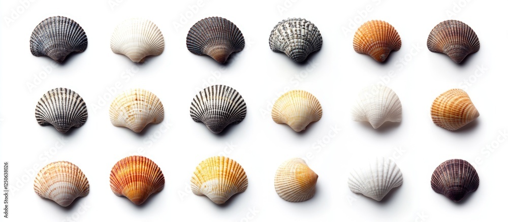 Poster Diverse collection of sea shells arranged in rows isolated on a clean white background for natural decor or marine-themed design use.