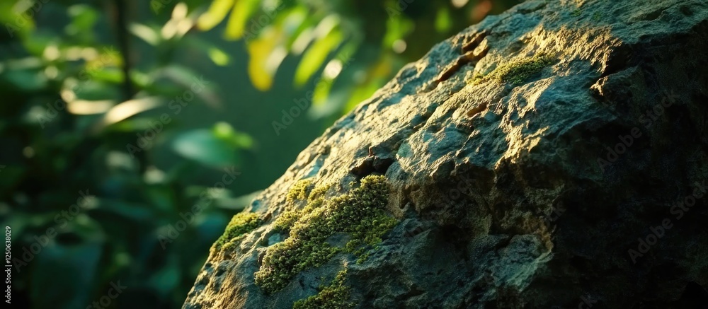 Poster moss-covered rock in a lush green forest creating a serene natural atmosphere with sunlight filterin