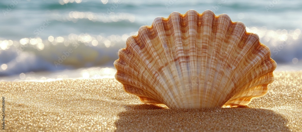 Poster Scallop Shell Resting on Sandy Beach with Gentle Waves in the Background Perfect for Coastal or Marine Themes