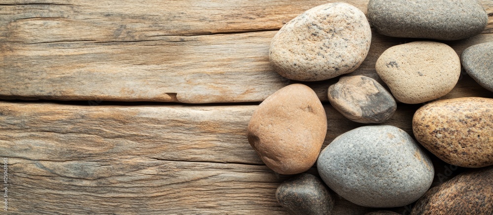 Poster natural smooth stones arranged on a rustic wooden table surface for a tranquil and calming aesthetic