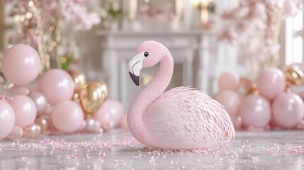 Obraz premium Decorative Pink Flamingo Among Balloons and Blossoms in Elegant Setting