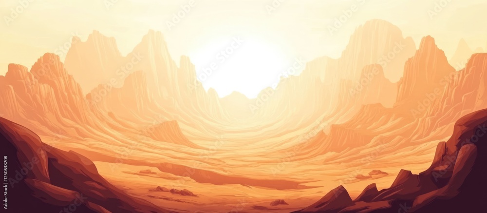 Poster vast desert landscape at sunset showcasing deep valleys and wilderness with ample space for text and
