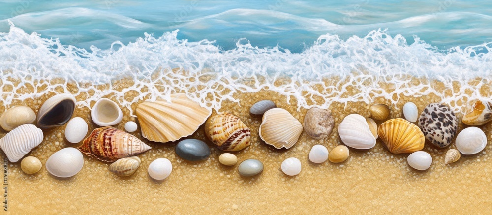 Poster beach shoreline texture with seashells and pebbles on sand waves creating a serene coastal natural b
