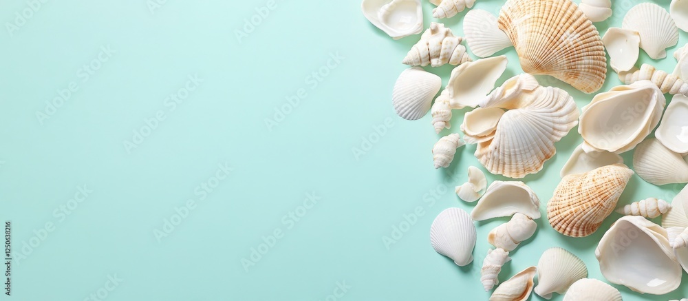Poster sea shells on a mint green background with ample copy space perfect for vacation-themed designs and 