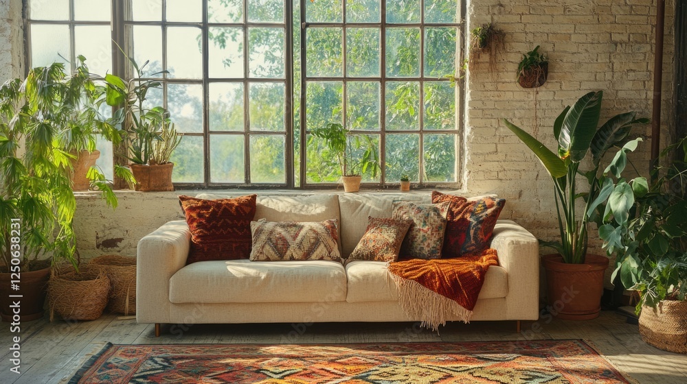 Poster Cozy bohemian interior with a rustic sofa and lush plants creating a warm and inviting atmosphere in natural light