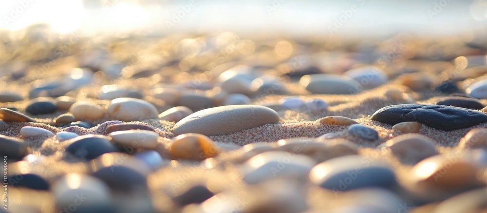 Poster sandy beach texture featuring a mixture of fine sand and various small stones under soft sunlight.