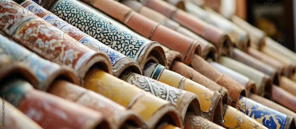 Aufkleber Colorful textured roof tiles in a close-up view creating a visually appealing background for architectural or design themes.