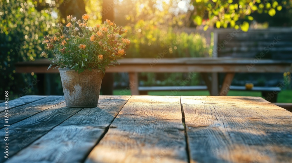 Poster Rustic wooden table adorned with a flower pot in a tranquil farm setting illuminated by warm sunlight.