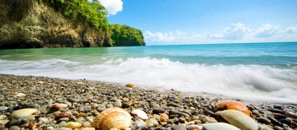 Poster tranquil rocky beach scene with colorful pebbles and gentle waves under a bright blue sky and lush g