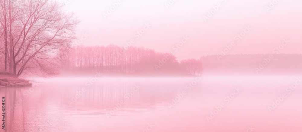 Aufkleber Serene pink-toned landscape with tranquil water and fog creating ample space for customizable text and creative design elements.