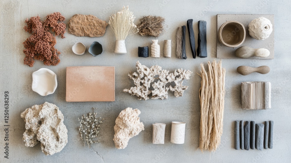 Poster natural materials and ceramic objects arranged stylishly on a neutral surface for artistic and desig