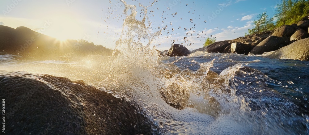 Poster Dynamic river splash with sunlit rocks and flowing water creating an explosive natural scene in a tranquil outdoor environment.