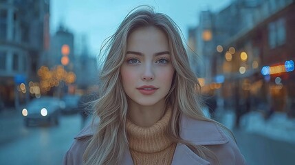 Young woman with blonde hair in city at night.
