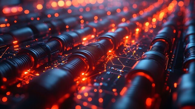 Data cloud computing with glowing geometric patterns and network cables