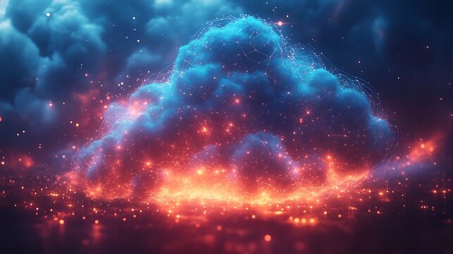 Data cloud computing with glowing geometric patterns and network cables