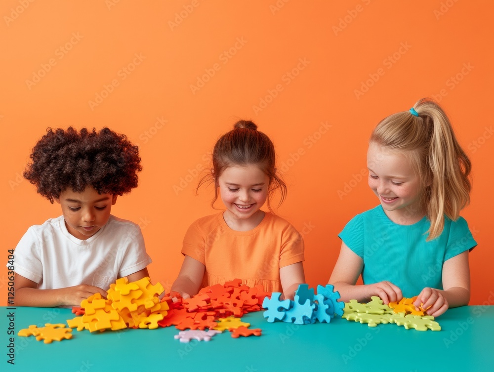 Poster colorful montessori-inspired puzzle time engaged children at low table in vibrant classroom - early 
