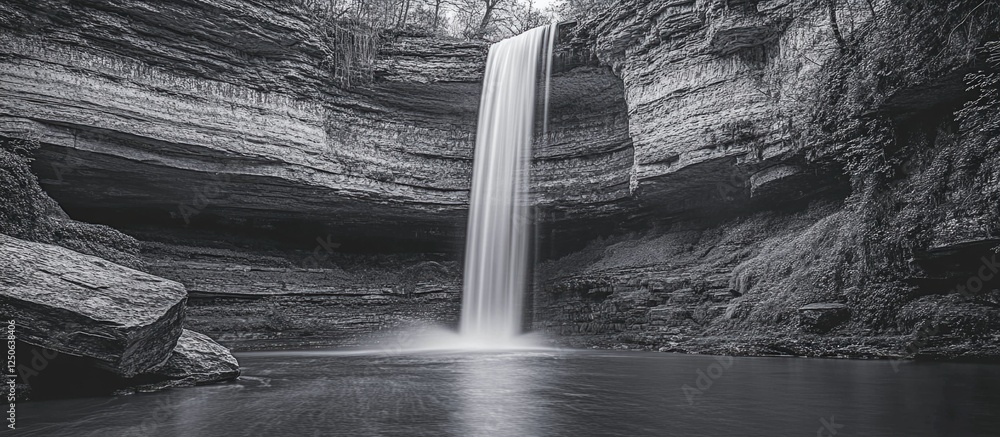 Poster Black and white serene waterfall cascading over rocks with mist creating a tranquil atmosphere in a natural landscape setting