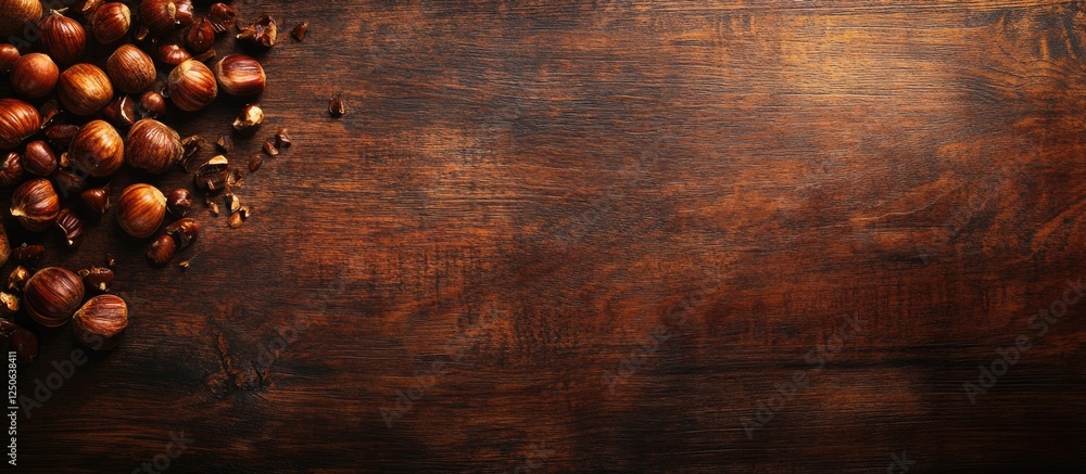 Poster Roasted Chestnuts on Rustic Wooden Table with Copious Empty Space for Custom Text or Branding Opportunities