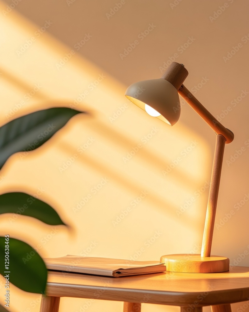 Leinwandbilder scandinavian minimalist desk with wooden lamp and textbooks - elevating remote learning spaces in ed