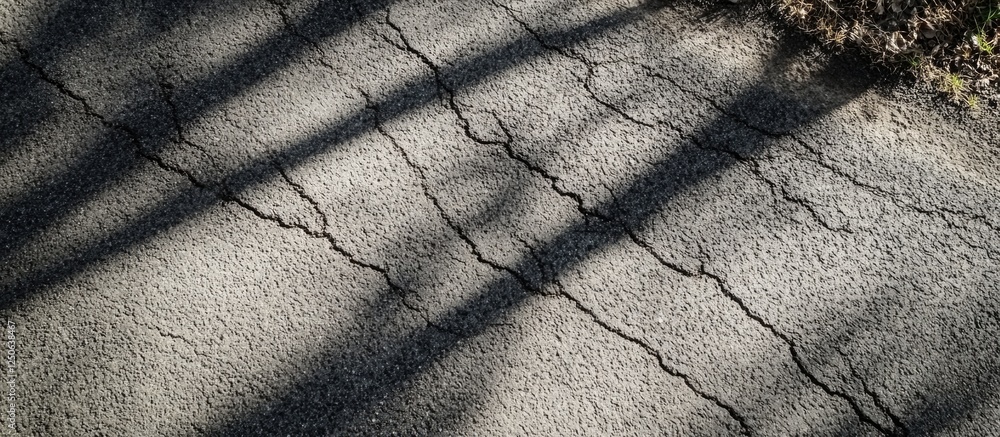 Poster Cracked asphalt surface with shadows creating textures in an outdoor setting showcasing age and wear on the road.