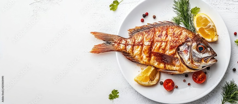 Poster salted whole fried fish with lemon slices and herbs on white plate against empty background for culi