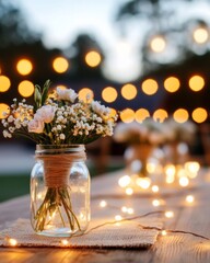 Rustic-Chic Wedding Decor Mason Jars and Pastel Blooms on Burlap - Enchanting Event Aesthetics and Sustainable Bohemian Celebration Inspiration
