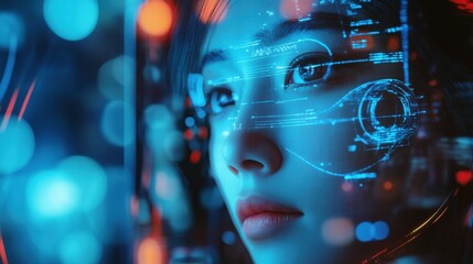 AI detecting diseases from facial expressions, futuristic facial scanning system analyzing health conditions, holographic biometric data, high-tech medical AI interface, deep cybernetic reflections