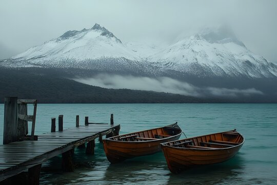 Wooden boats moored at snowy mountain lake pier
