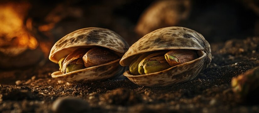 Roasted and salted pistachios with textured shell background showcasing natural detail and color richness of the nuts.