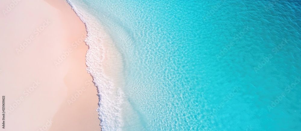 Poster aerial view of tranquil ocean waves gently lapping onto a pristine sandy beach in bright turquoise w