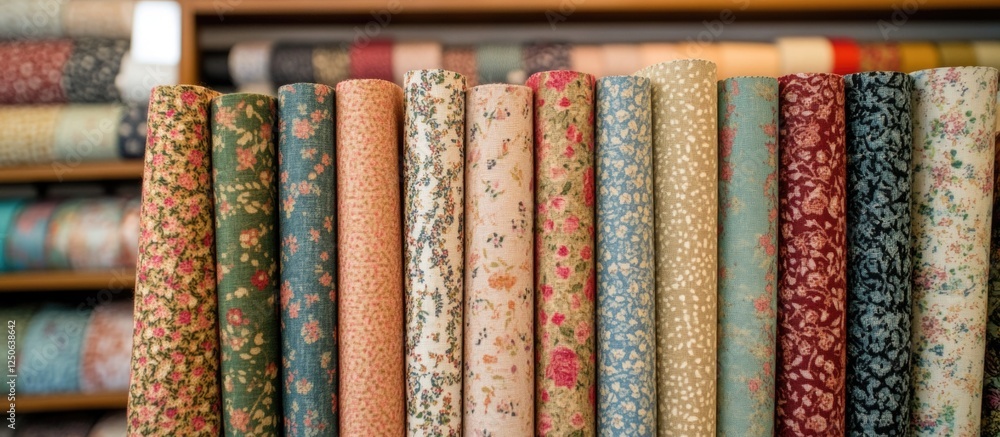 Poster Colorful rolls of fabric stacked neatly in a fabric store showcasing a variety of patterns and textures for creative projects and crafting.