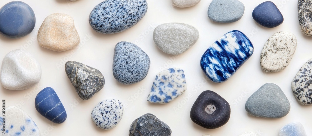 Poster decorative multi-colored blue and white stones arranged artistically for use in design and landscapi